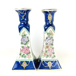 Vintage Chinese Chinoiserie Blue Floral Porcelain Candlestick Holders - A Pair